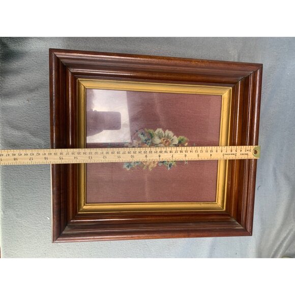 Vintage Framed Floral Needlepoint Art with Wood Frame & Glass Cover - Picture 6 of 11